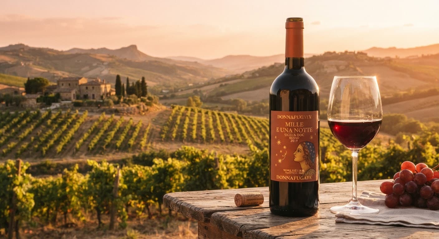 Bottiglia di vino rosso Nero d'Avola con calice, su colline di vigneto al tramonto