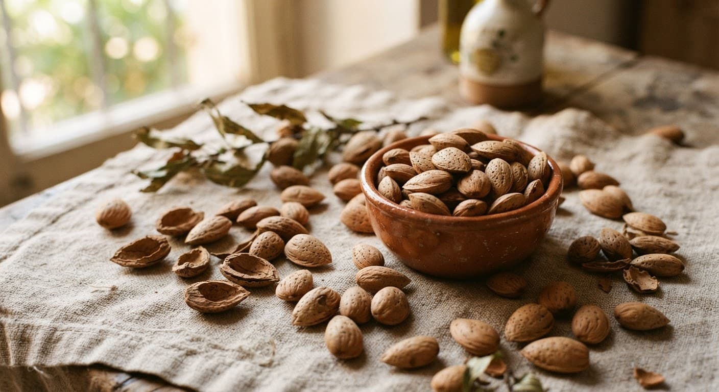 Mandorle biologiche in una ciotola di terracotta su tela rustica