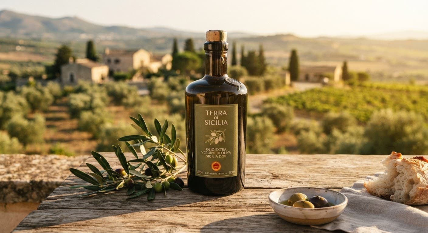 Bottiglia di olio extravergine d'oliva Biancolilla con rametto di ulivo